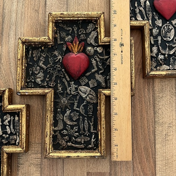 Set of 3 Mexican Crosses with Milagros & Sacred Heart - Picture 2 of 9